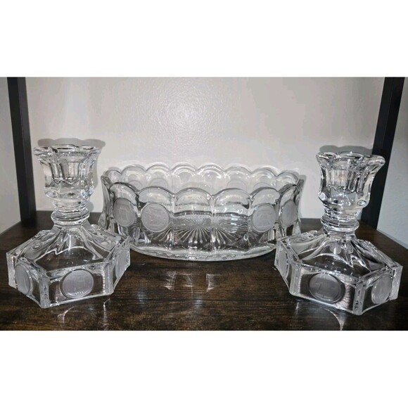 Vintage Coin Dot Glass Centerpiece Bowl & Candle Holders Set Clear - Picture 6 of 16